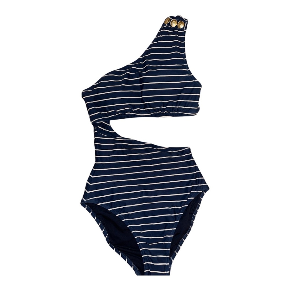 J. Crew Navy and White Striped One-Shoulder Cutout One-Piece Swimsuit